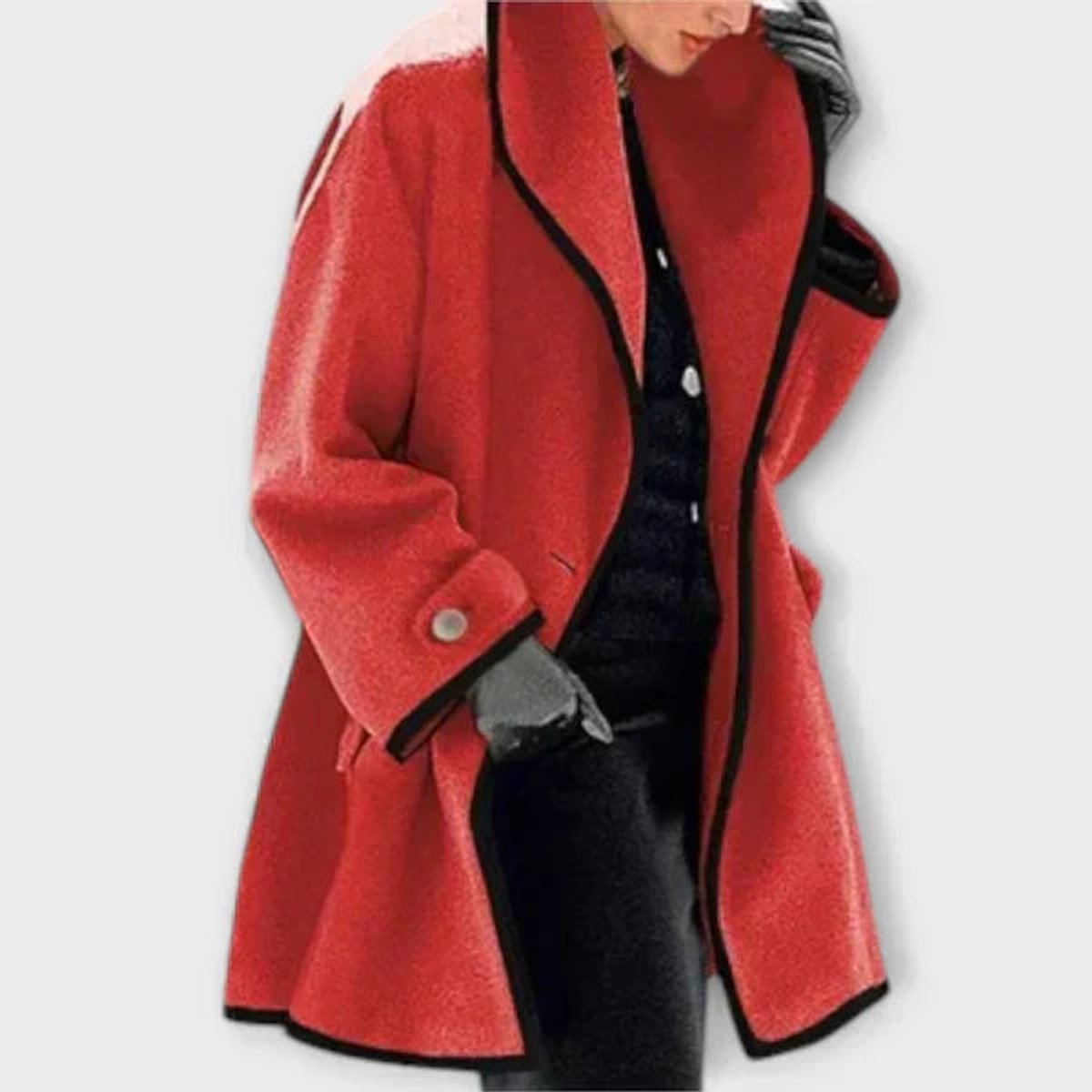 Women's Wool-Blend Swing Coat with Wide Lapels and Contrast Trim – Red