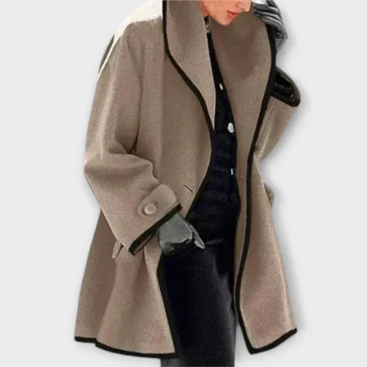 Women's Wool-Blend Swing Coat with Wide Lapels and Contrast Trim – Khaki
