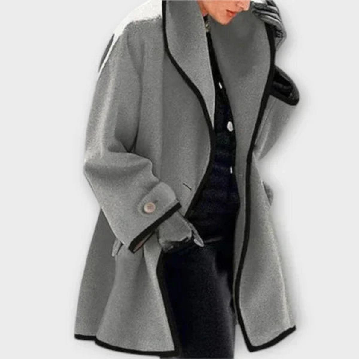 Women's Wool-Blend Swing Coat with Wide Lapels and Contrast Trim – Grey