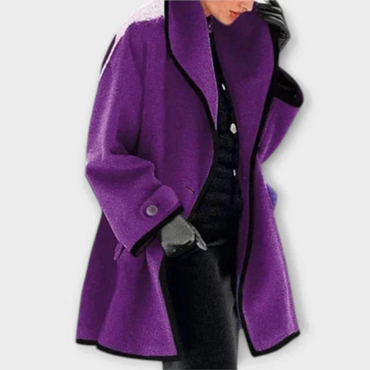 Women's Wool-Blend Swing Coat with Wide Lapels and Contrast Trim – Purple