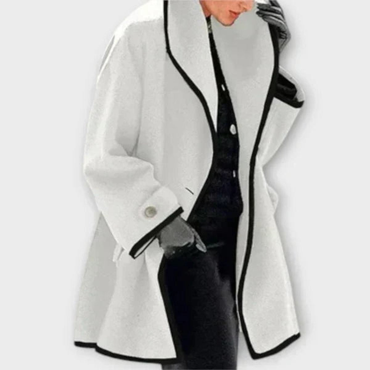 Women's Wool-Blend Swing Coat with Wide Lapels and Contrast Trim – White