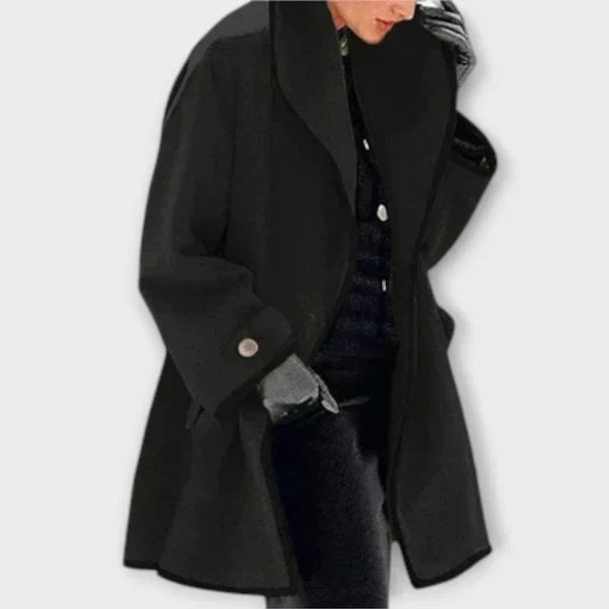 Women's Wool-Blend Swing Coat with Wide Lapels and Contrast Trim – Black