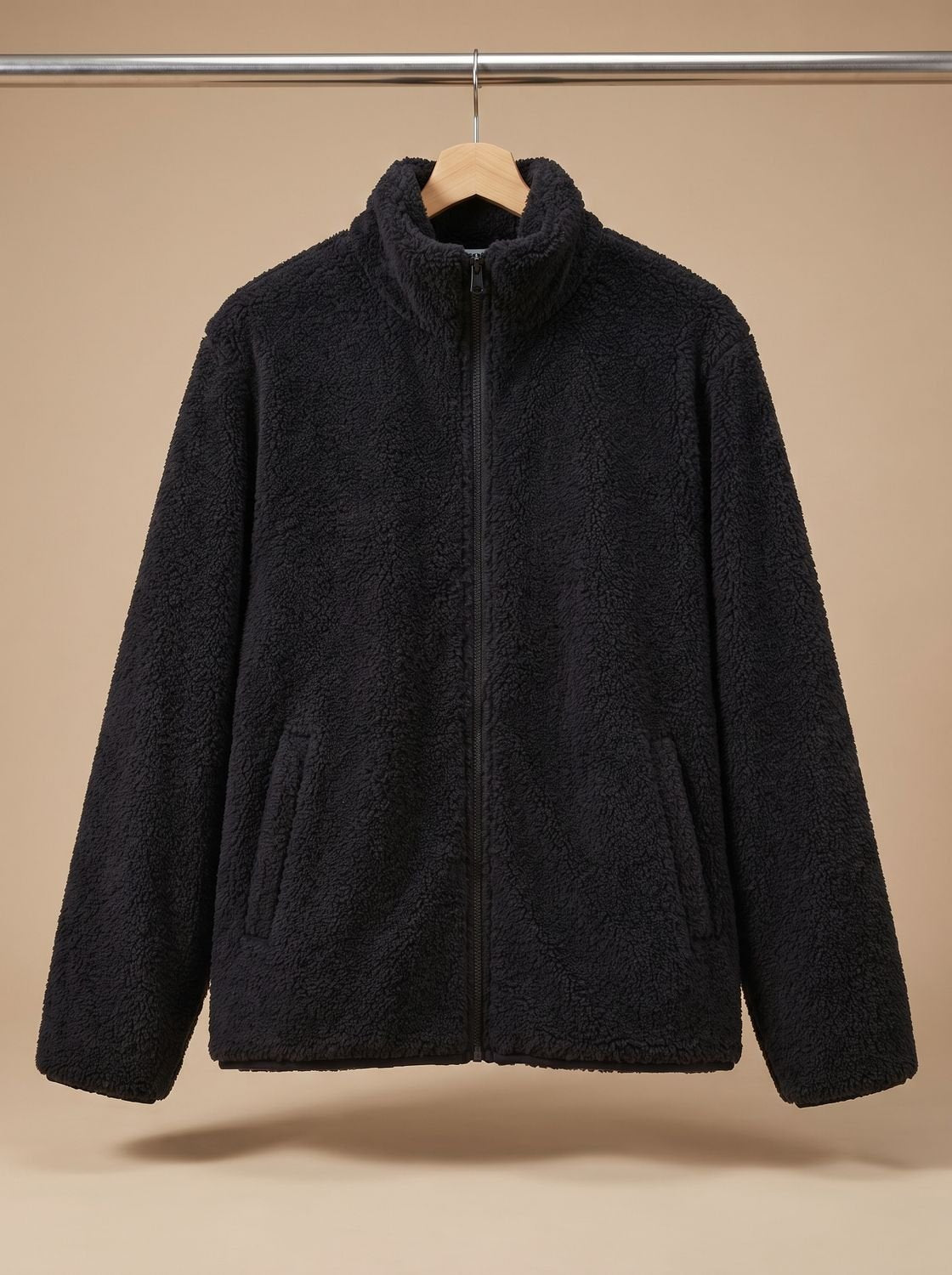 Women's High Neck Zip-Through Plush Jacket - Black