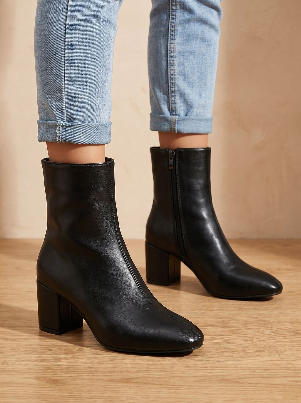Women's Chunky Heel Pointed Ankle Boots in Soft Faux Leather - Black