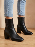 Women's Chunky Heel Pointed Ankle Boots in Soft Faux Leather - Black