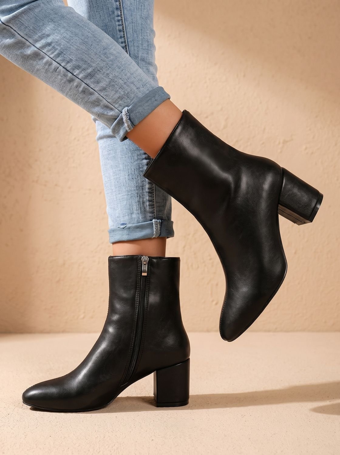 Women's Chunky Heel Pointed Ankle Boots in Soft Faux Leather