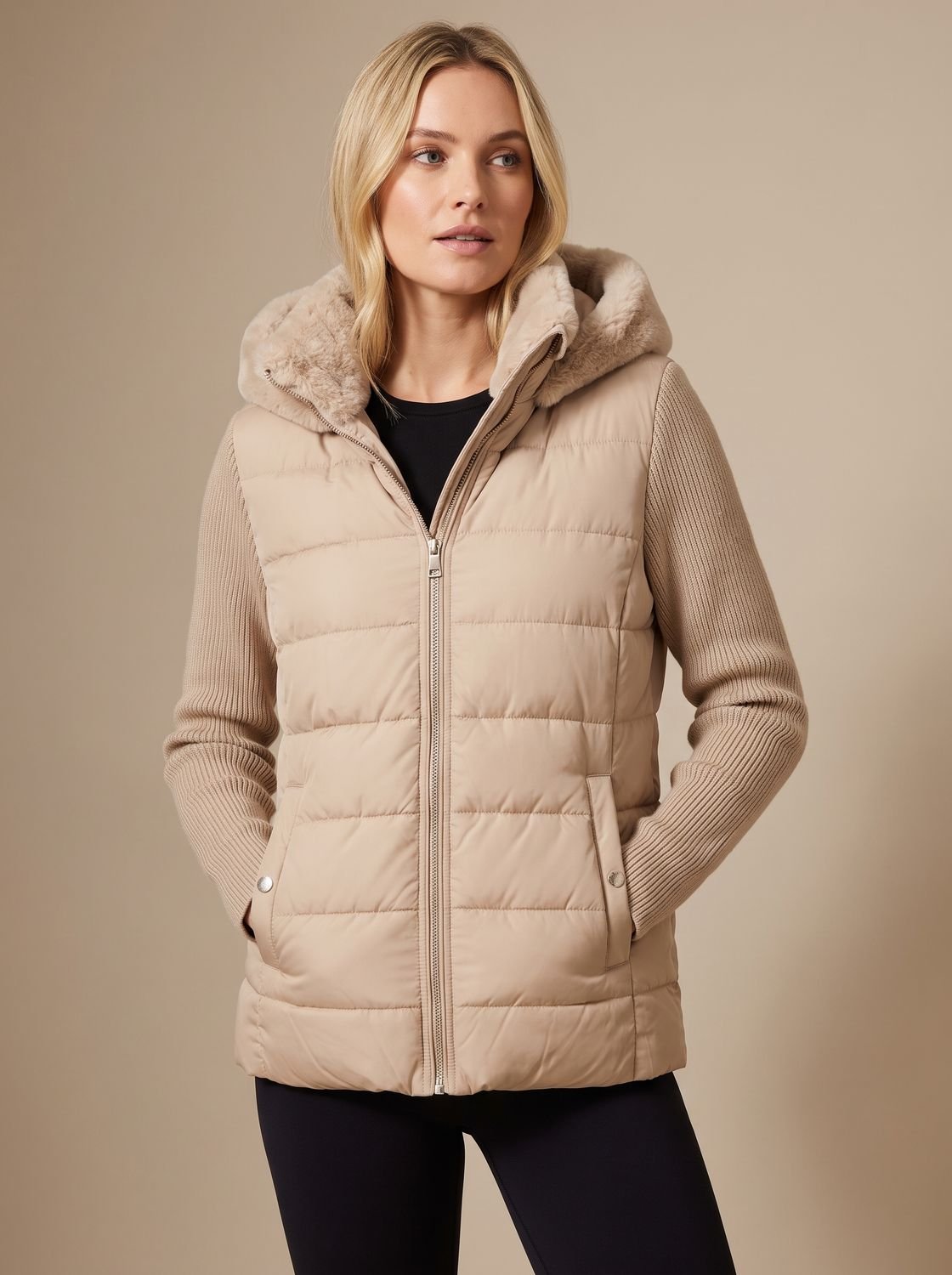 Women's Cropped Voluminous Puffer with Faux Fur Collar