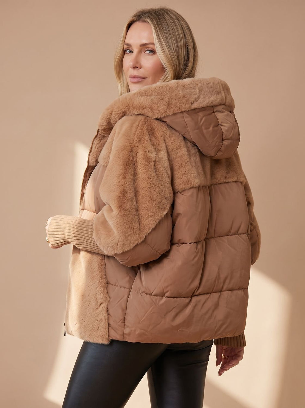 Women's Cropped Voluminous Puffer with Faux Fur Collar