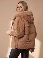 Women's Cropped Voluminous Puffer with Faux Fur Collar