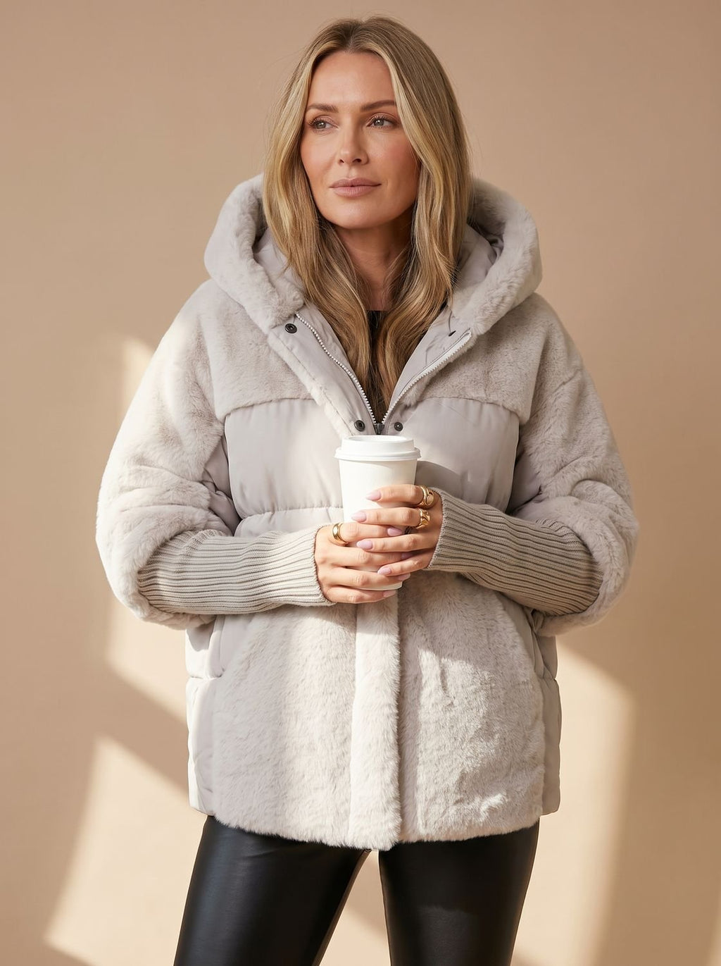 Women's Cropped Voluminous Puffer with Faux Fur Collar