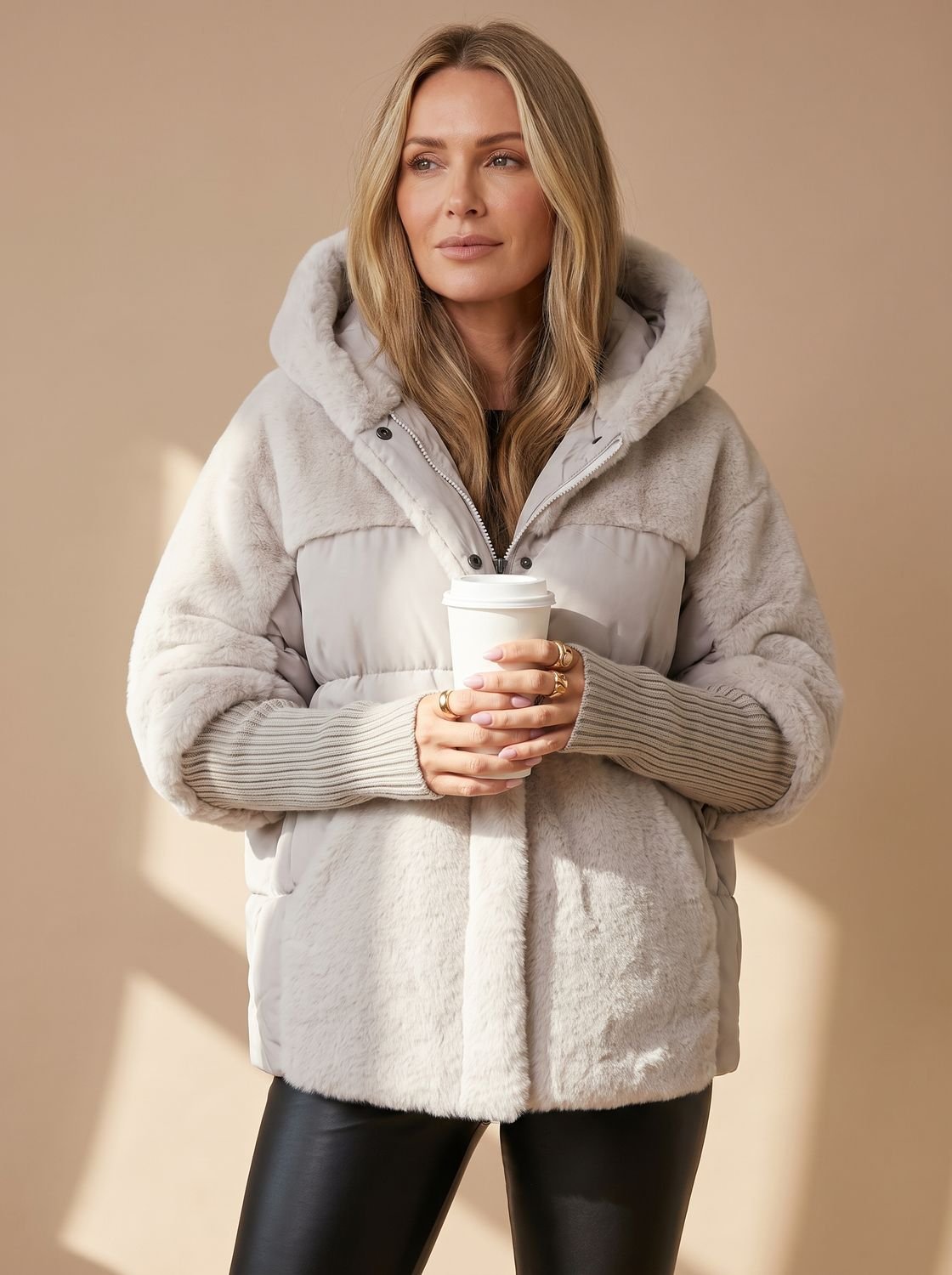 Women's Cropped Voluminous Puffer with Faux Fur Collar