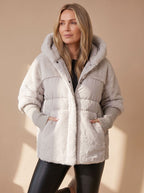 Women's Cropped Voluminous Puffer with Faux Fur Collar - Grey