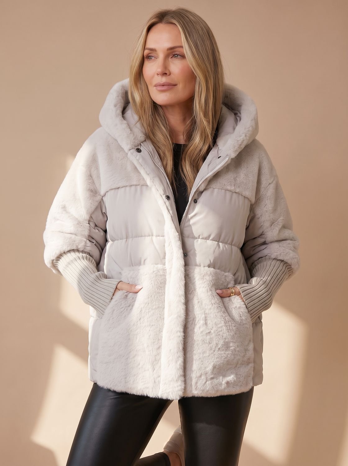Women's Cropped Voluminous Puffer with Faux Fur Collar - Grey