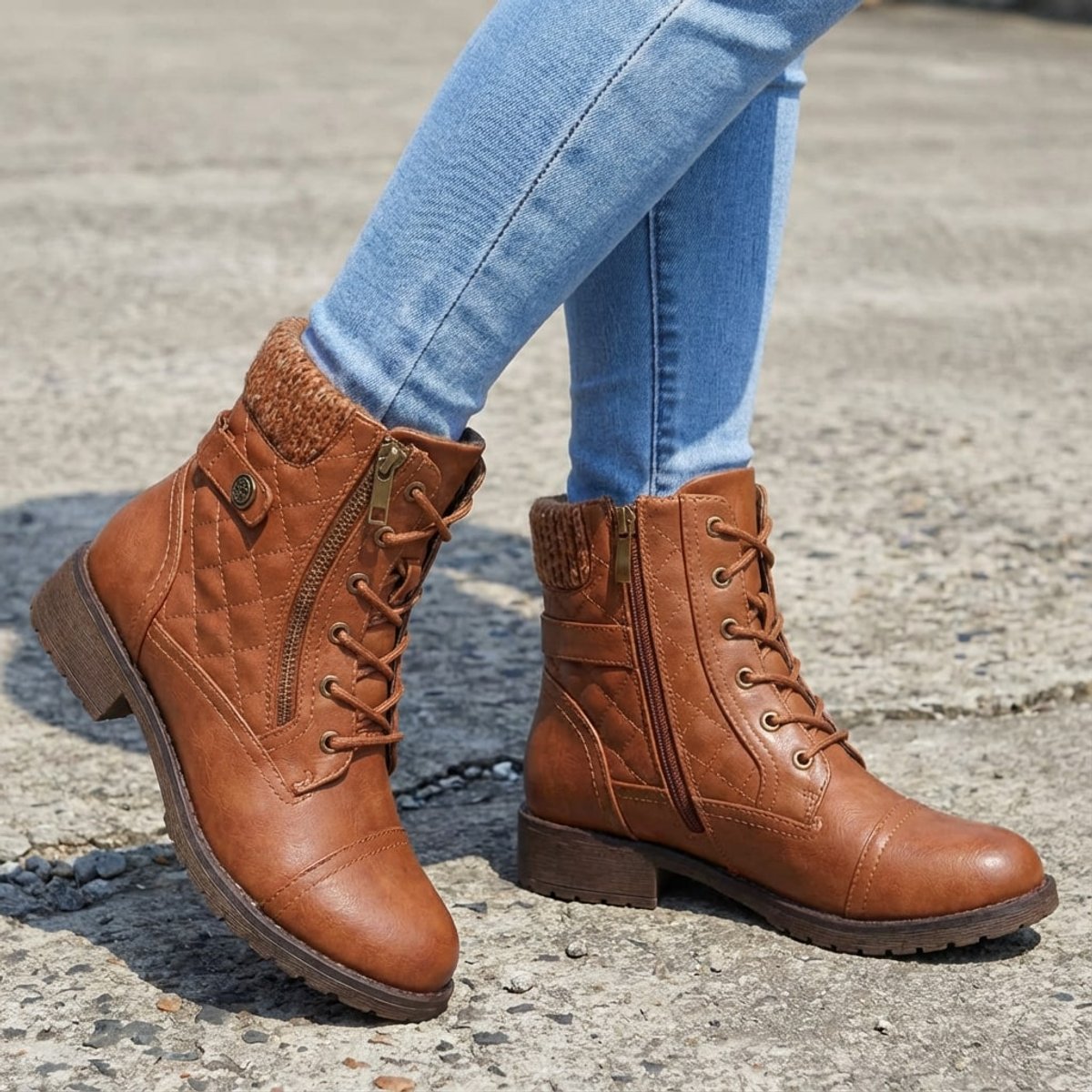 Women's Faux Leather Quilted Ankle Boots with Knit Collar – Brown
