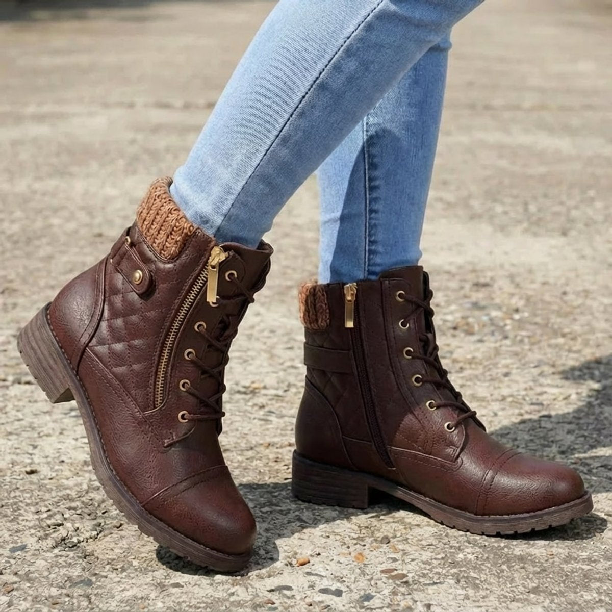 Women's Faux Leather Quilted Ankle Boots with Knit Collar