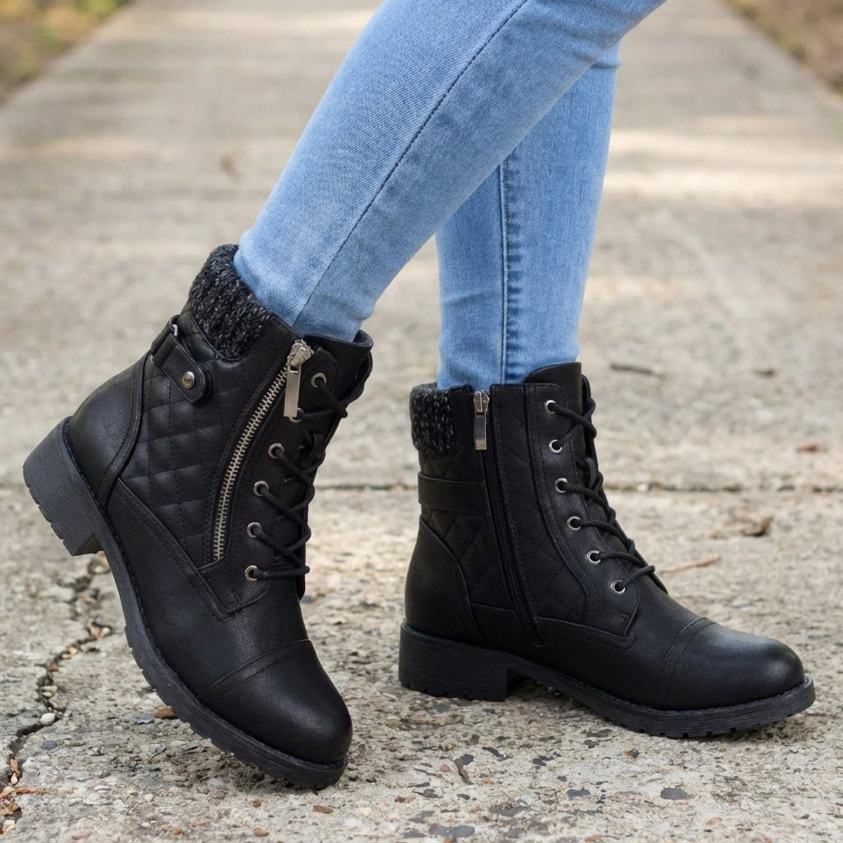 Women's Faux Leather Quilted Ankle Boots with Knit Collar – Black