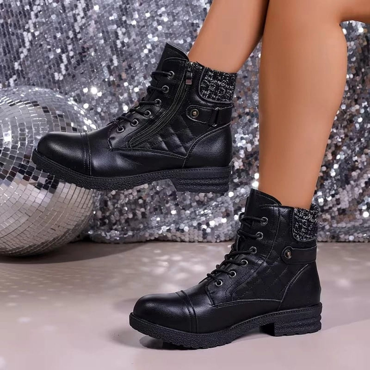 Women's Faux Leather Quilted Ankle Boots with Knit Collar
