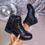 Women's Faux Leather Quilted Ankle Boots with Knit Collar