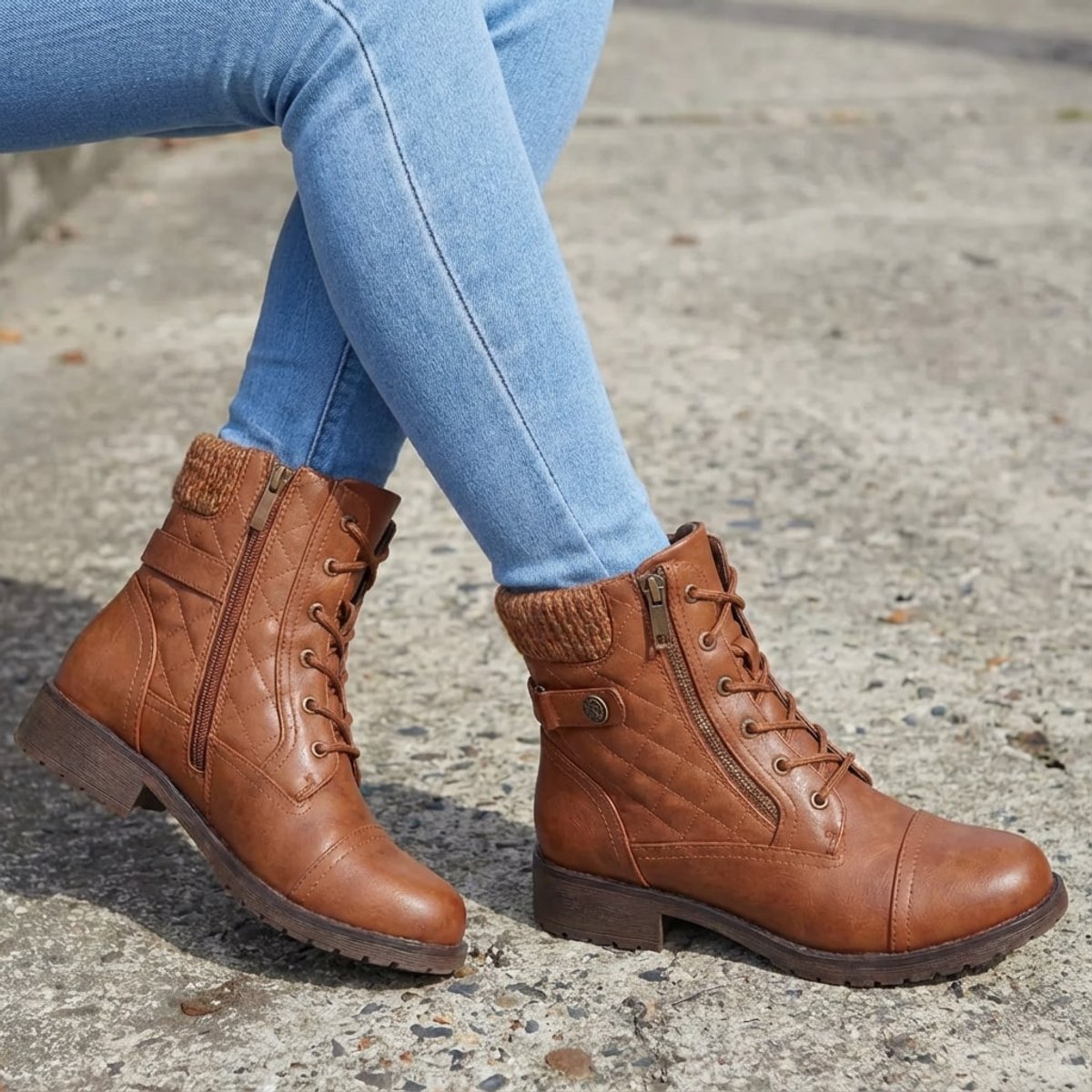 Women's Faux Leather Quilted Ankle Boots with Knit Collar
