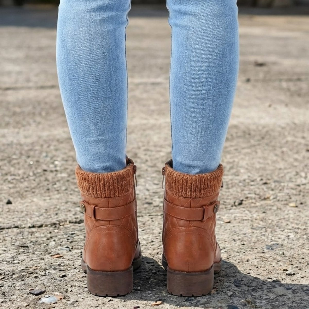Women's Faux Leather Quilted Ankle Boots with Knit Collar