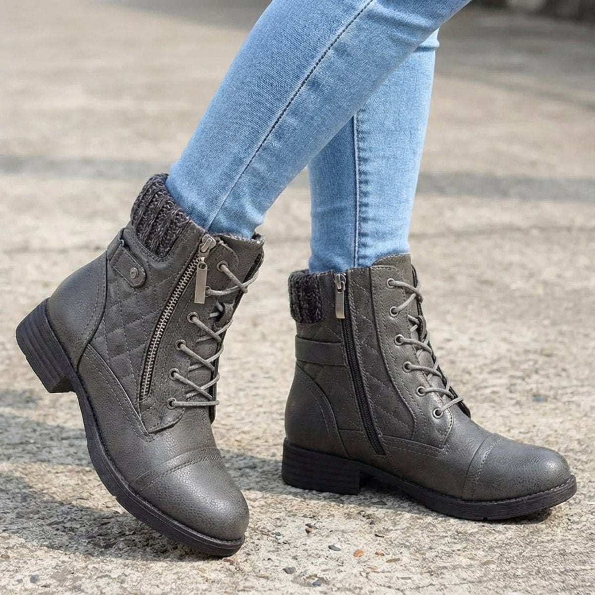 Women's Faux Leather Quilted Ankle Boots with Knit Collar – Grey