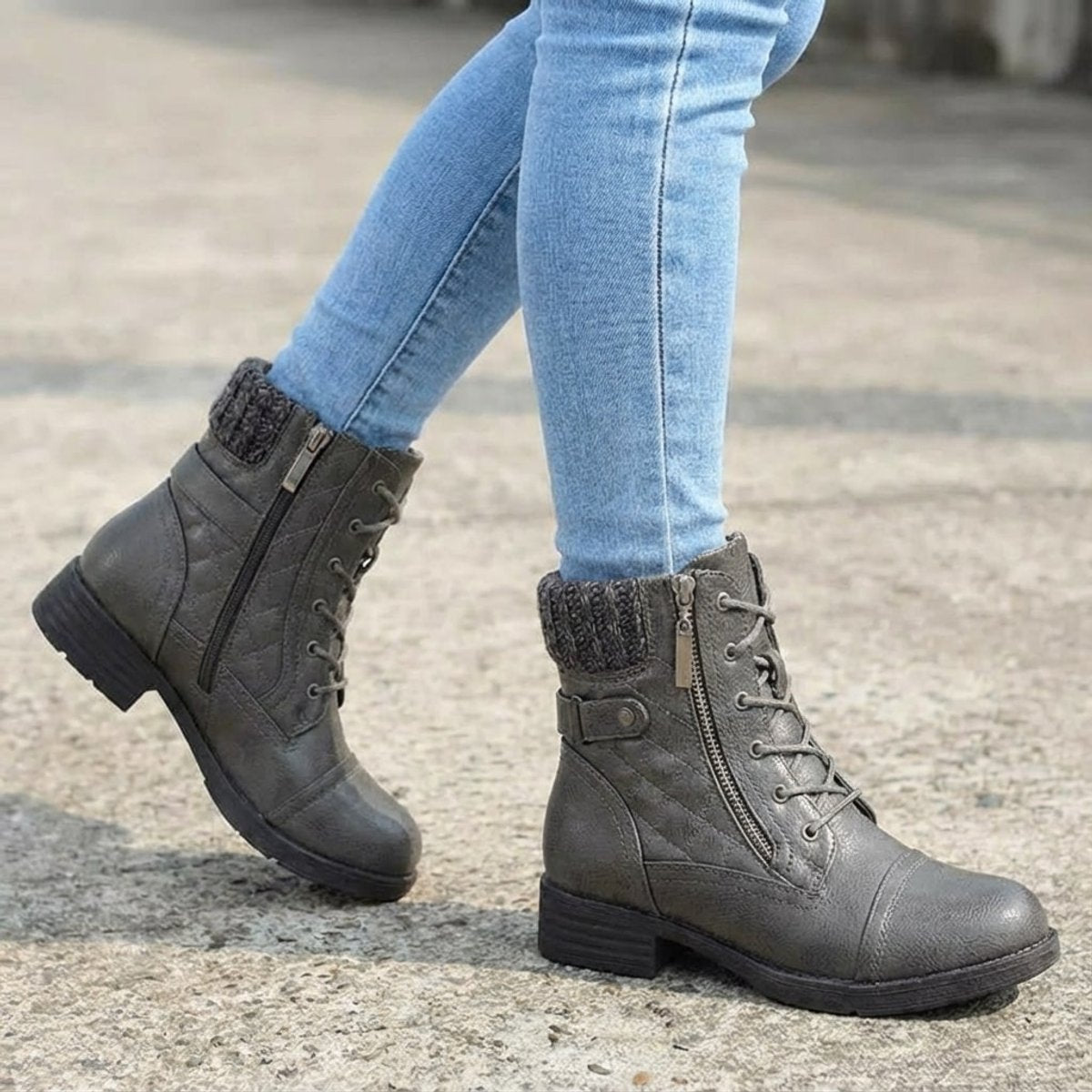 Women's Faux Leather Quilted Ankle Boots with Knit Collar