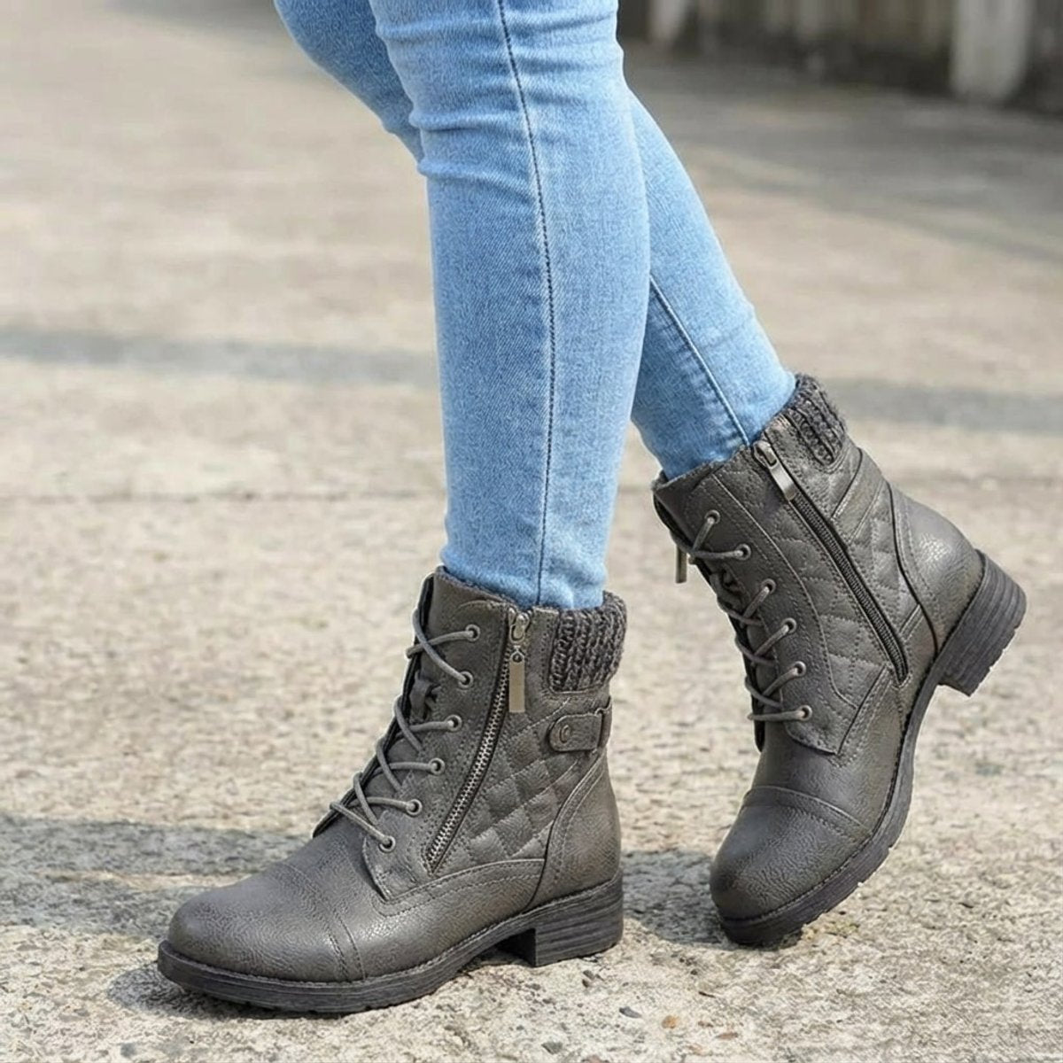 Women's Faux Leather Quilted Ankle Boots with Knit Collar