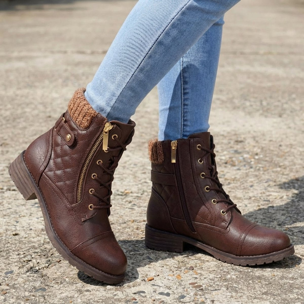 Women's Faux Leather Quilted Ankle Boots with Knit Collar – Dark Brown