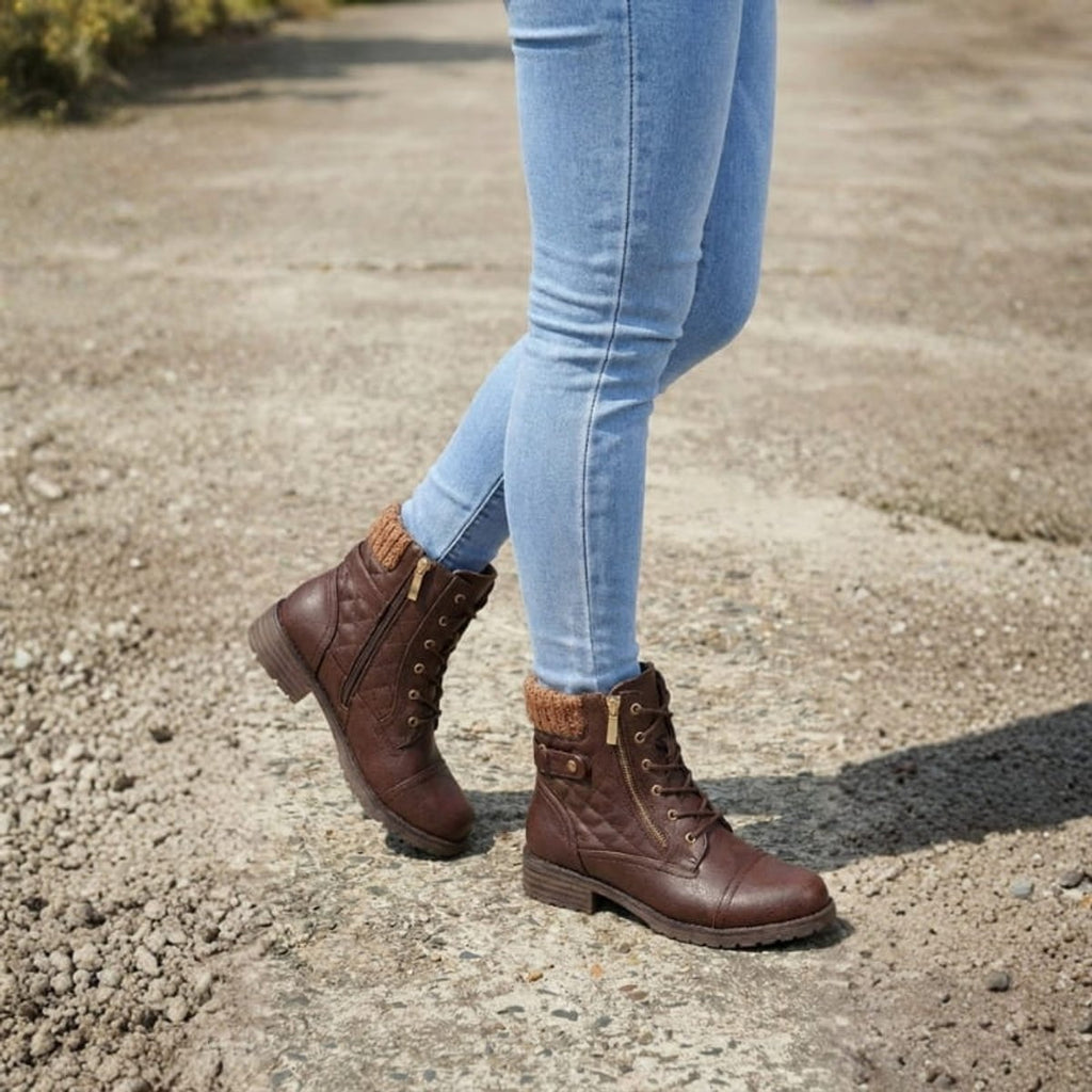 Women's Faux Leather Quilted Ankle Boots with Knit Collar
