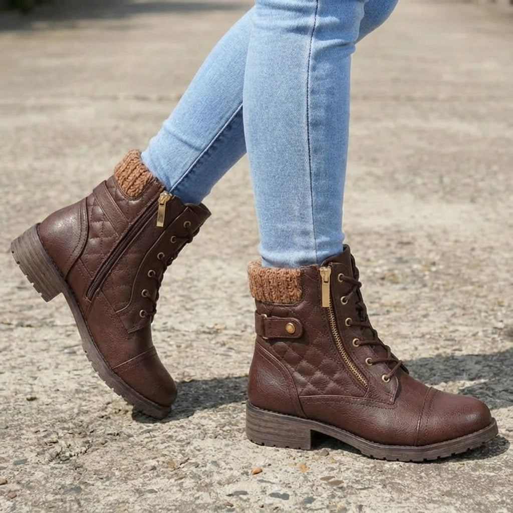 Women's Faux Leather Quilted Ankle Boots with Knit Collar