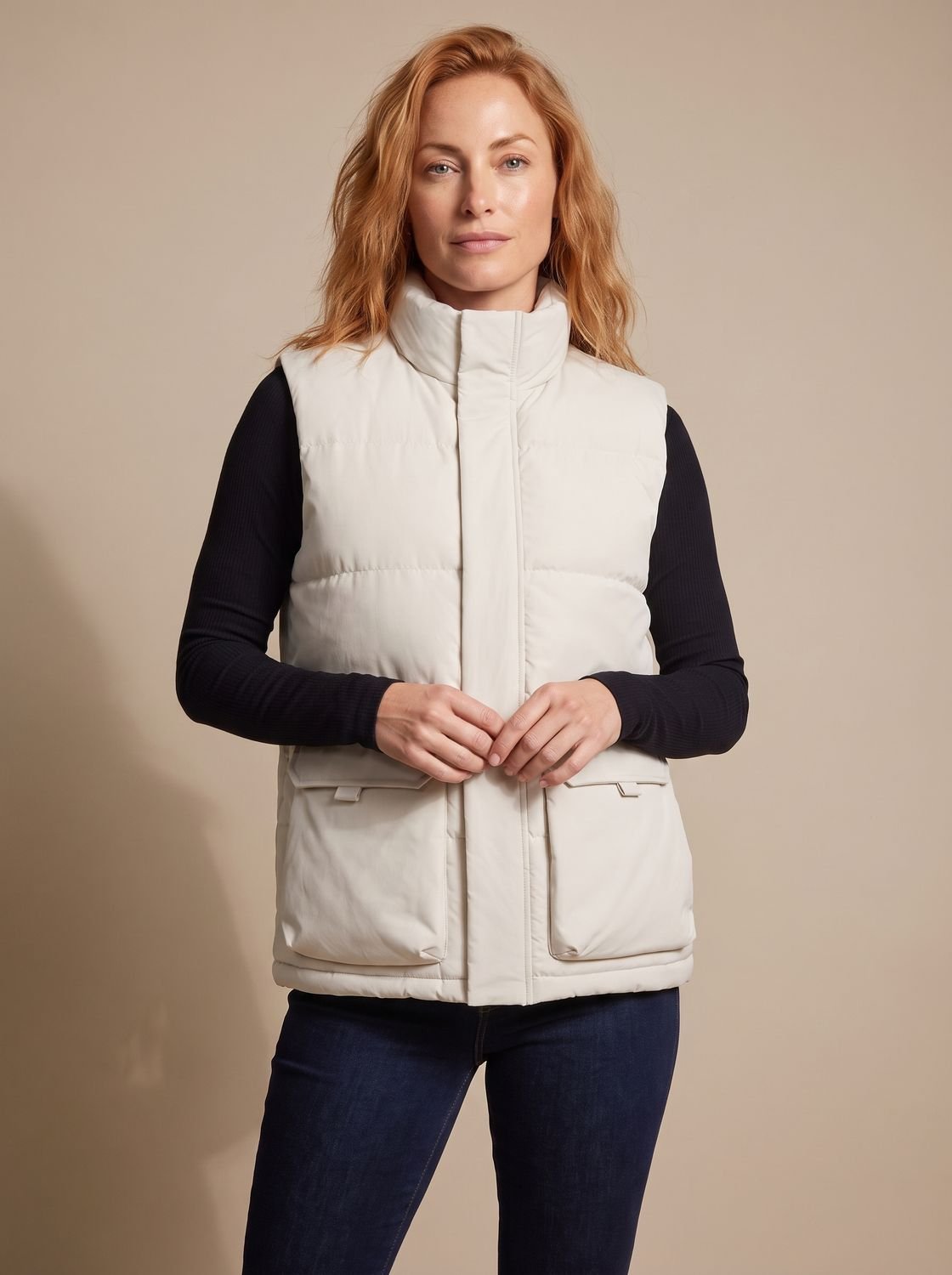 Women's Stand Collar Quilted Puffer Gilet with Flap Pockets