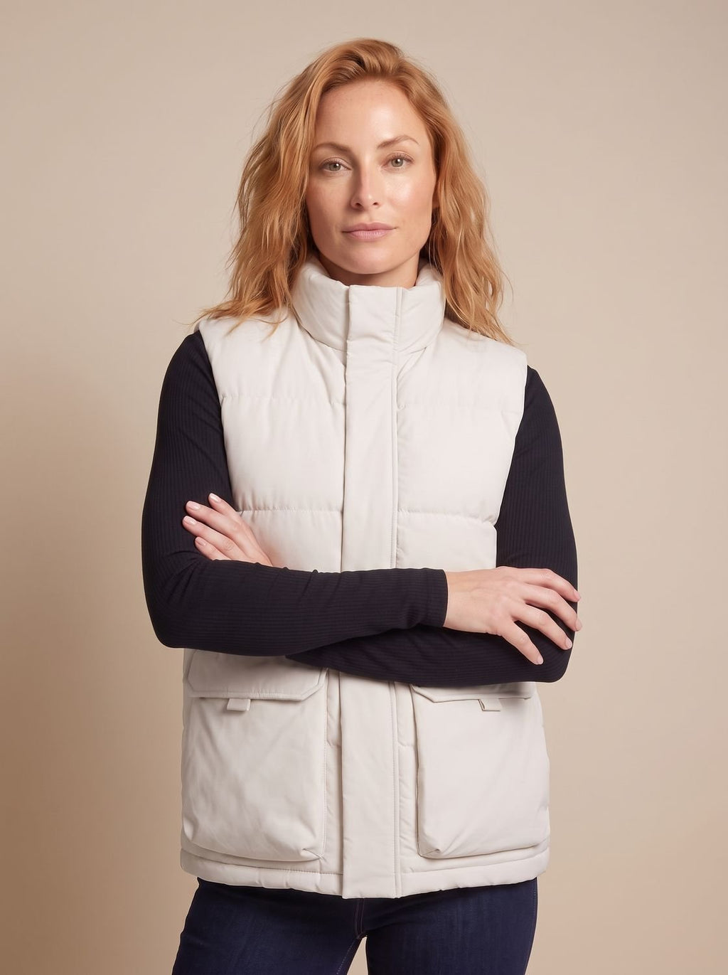 Women's Stand Collar Quilted Puffer Gilet with Flap Pockets