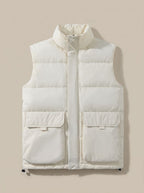 Women's Stand Collar Quilted Puffer Gilet with Flap Pockets - Cream White