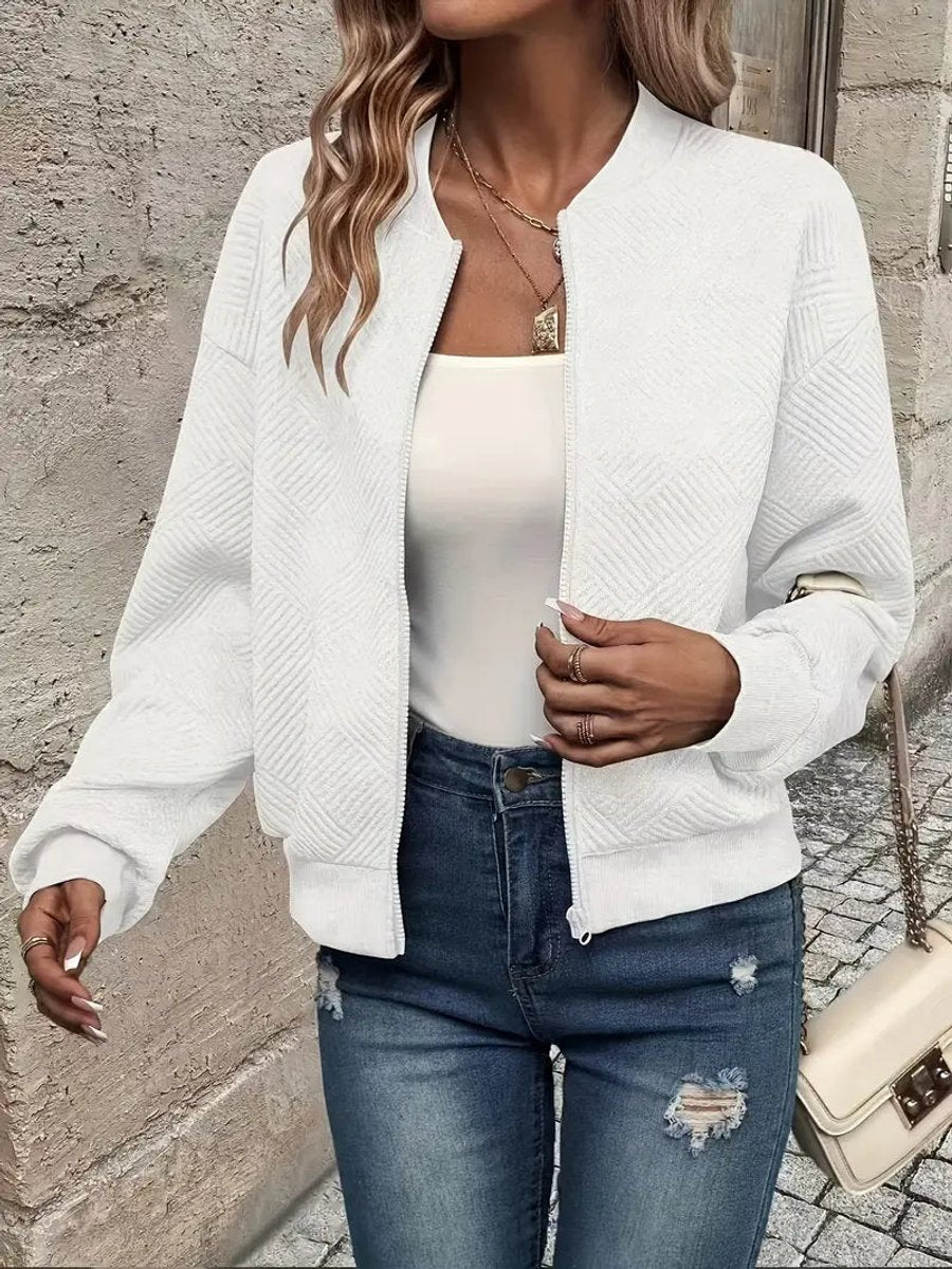 Women's Cropped Diamond-Quilted Bomber Jacket with Ribbed Trims – White