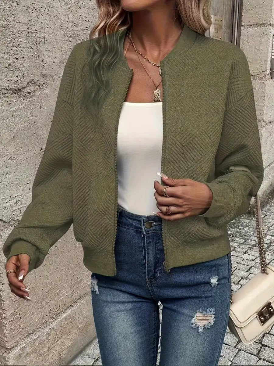 Women's Cropped Diamond-Quilted Bomber Jacket with Ribbed Trims – Olive Green