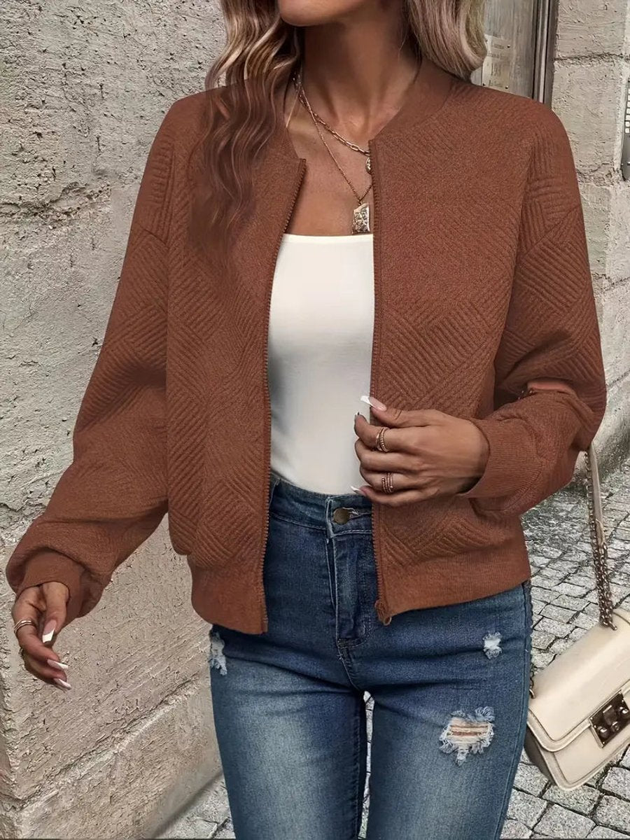 Women's Cropped Diamond-Quilted Bomber Jacket with Ribbed Trims – Dark Brown