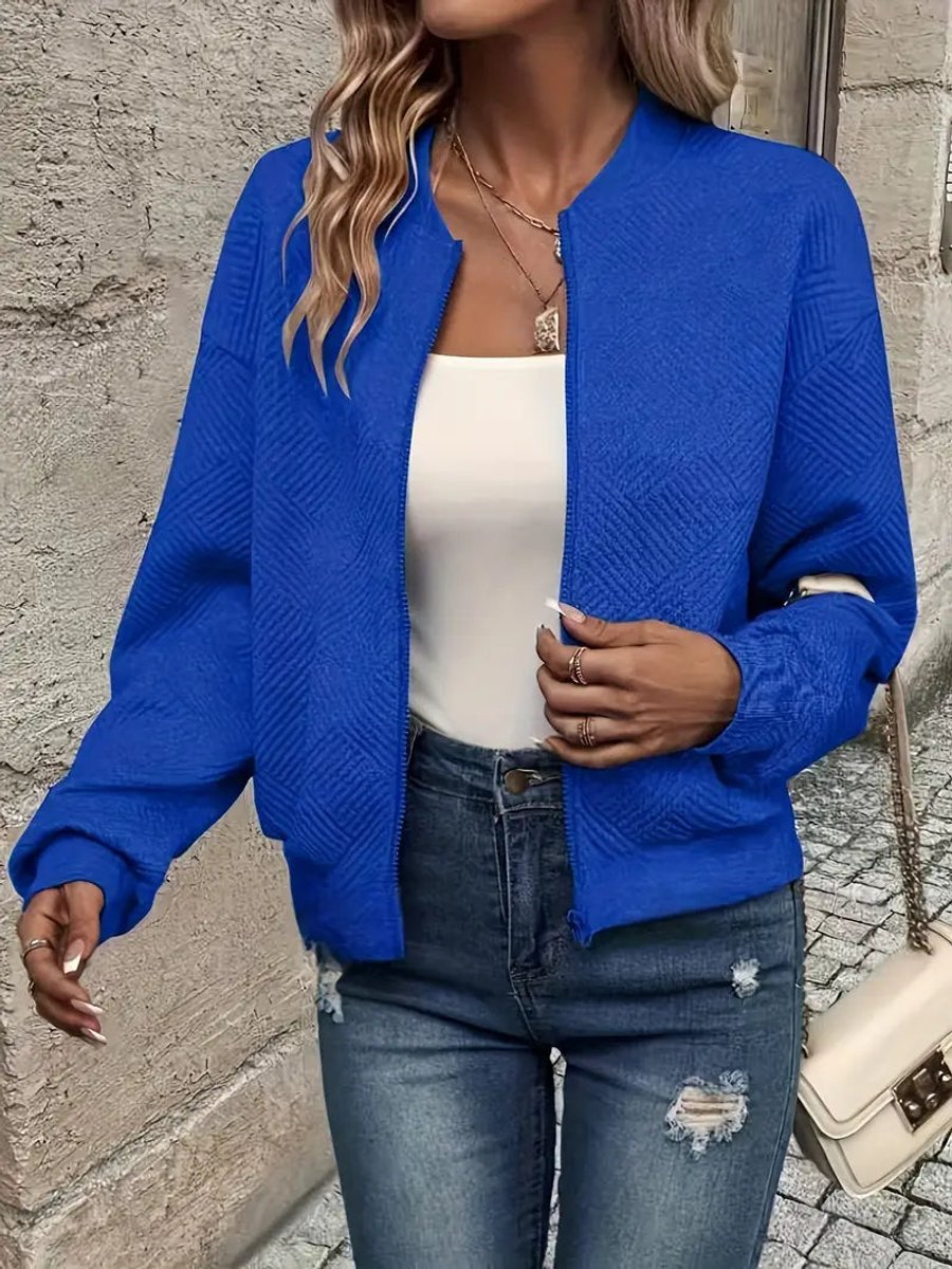 Women's Cropped Diamond-Quilted Bomber Jacket with Ribbed Trims – Blue
