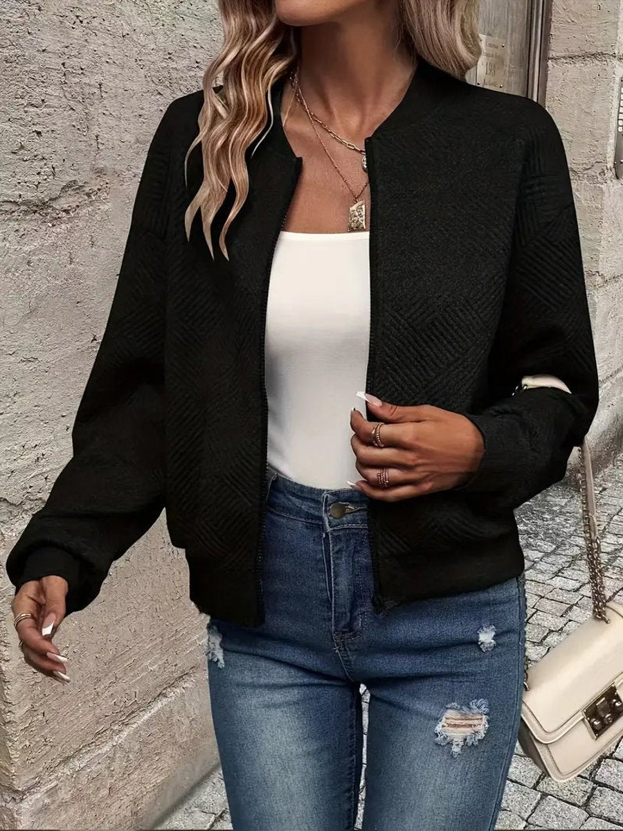 Women's Cropped Diamond-Quilted Bomber Jacket with Ribbed Trims – Black