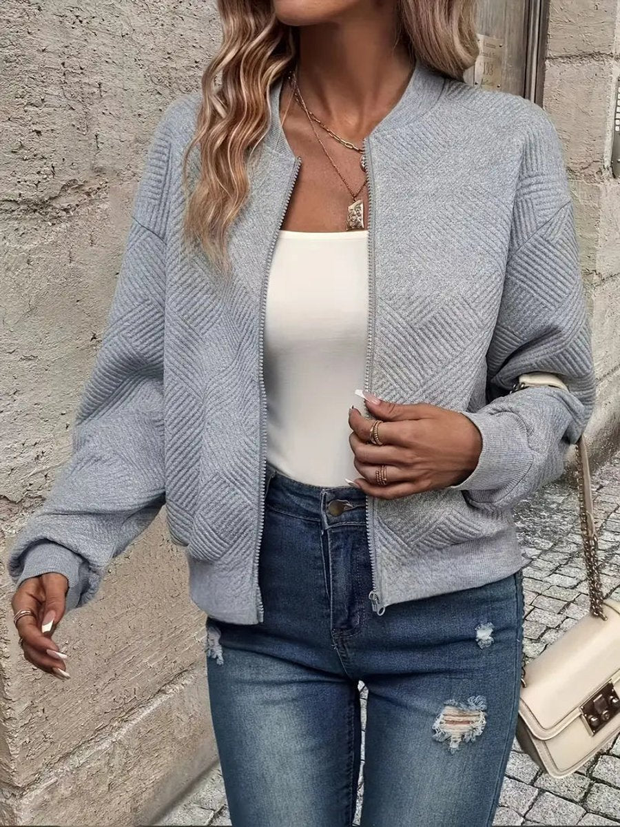 Women's Cropped Diamond-Quilted Bomber Jacket with Ribbed Trims – Grey