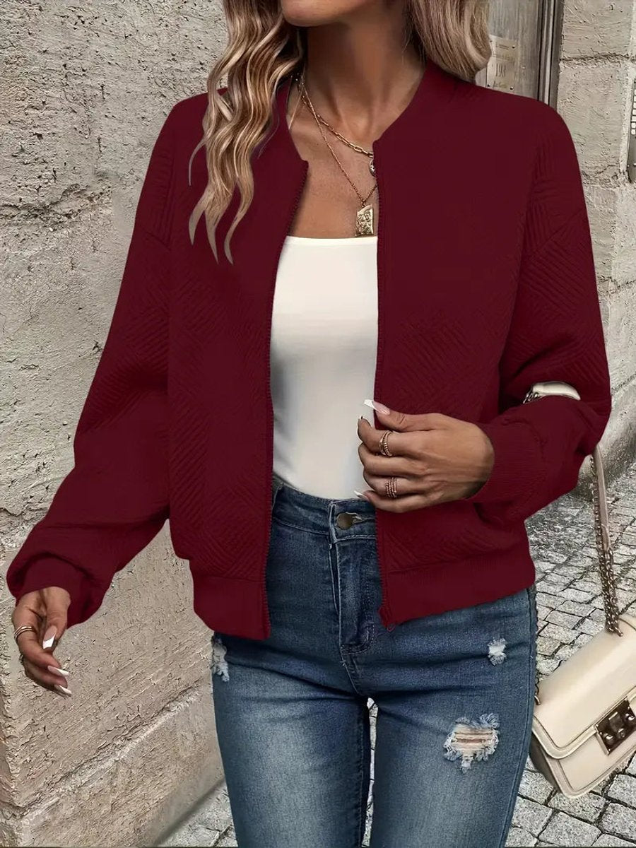 Women's Cropped Diamond-Quilted Bomber Jacket with Ribbed Trims – Dark Red