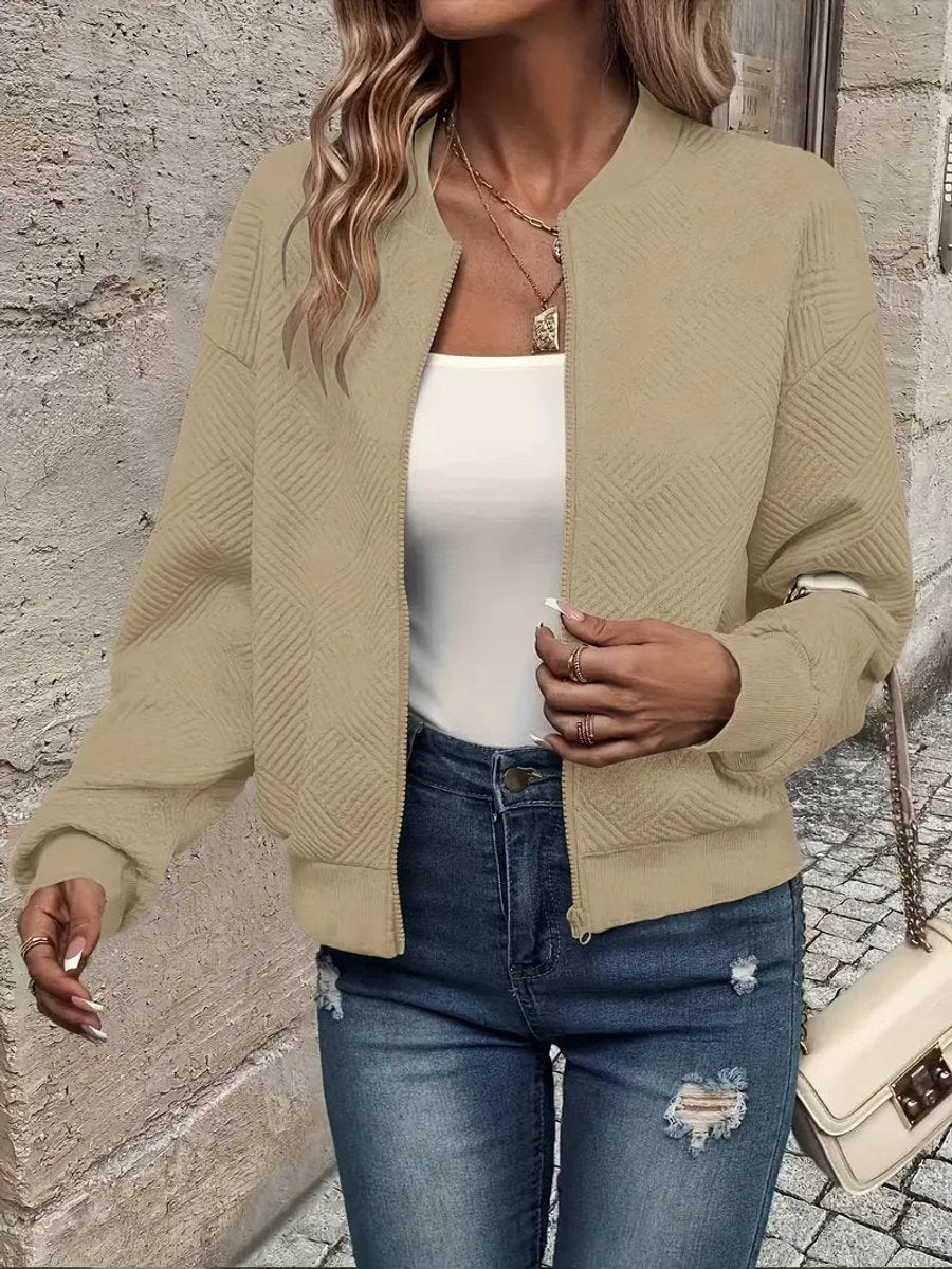 Women's Cropped Diamond-Quilted Bomber Jacket with Ribbed Trims – Khaki
