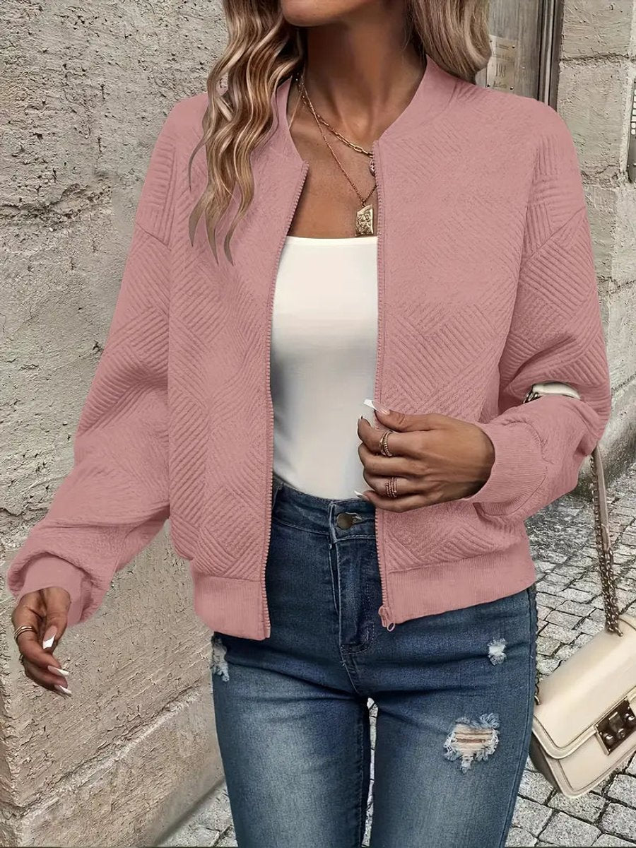 Women's Cropped Diamond-Quilted Bomber Jacket with Ribbed Trims – Pink