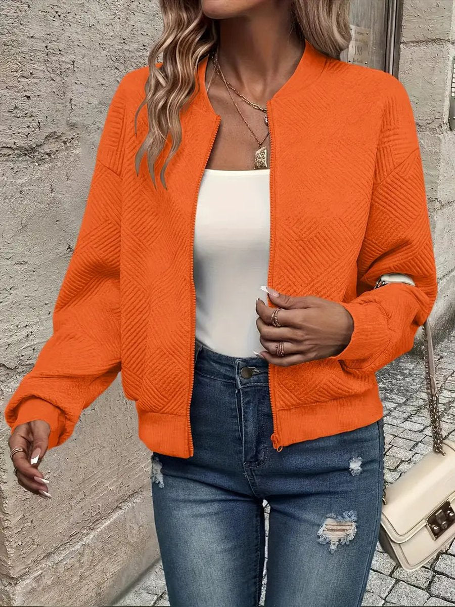 Women's Cropped Diamond-Quilted Bomber Jacket with Ribbed Trims – Orange