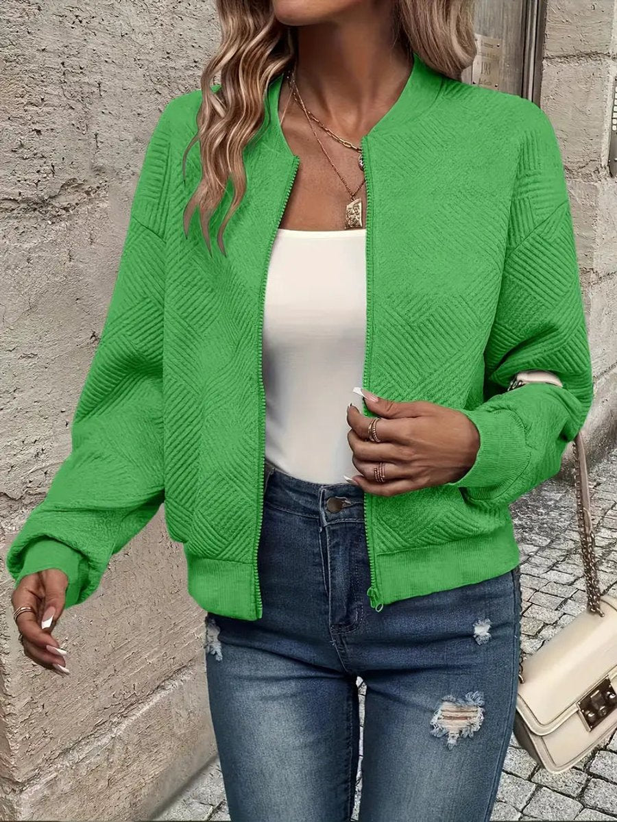 Women's Cropped Diamond-Quilted Bomber Jacket with Ribbed Trims – Green