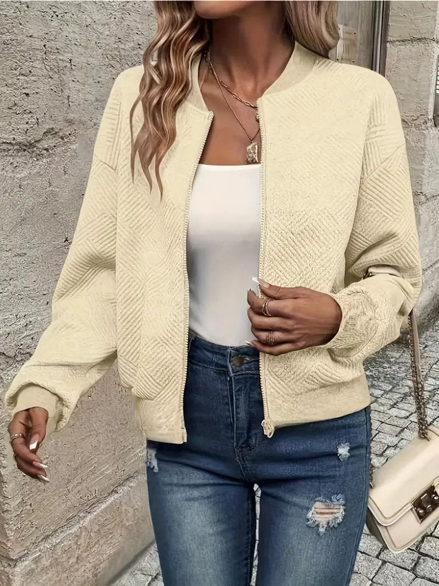 Women's Cropped Diamond-Quilted Bomber Jacket with Ribbed Trims – Apricot