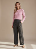Women's Hip-Length Cable-Knit Crew Neck Jumper Relaxed Fit – Pink White