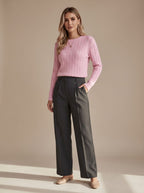 Women's Hip-Length Cable-Knit Crew Neck Jumper Relaxed Fit – Pink White