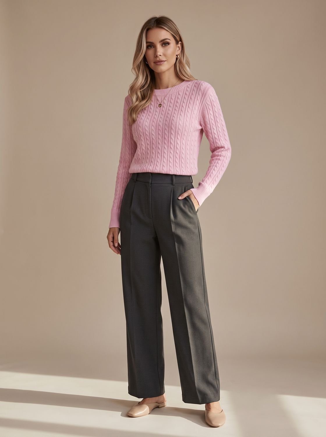 Women's Hip-Length Cable-Knit Crew Neck Jumper Relaxed Fit – Pink White