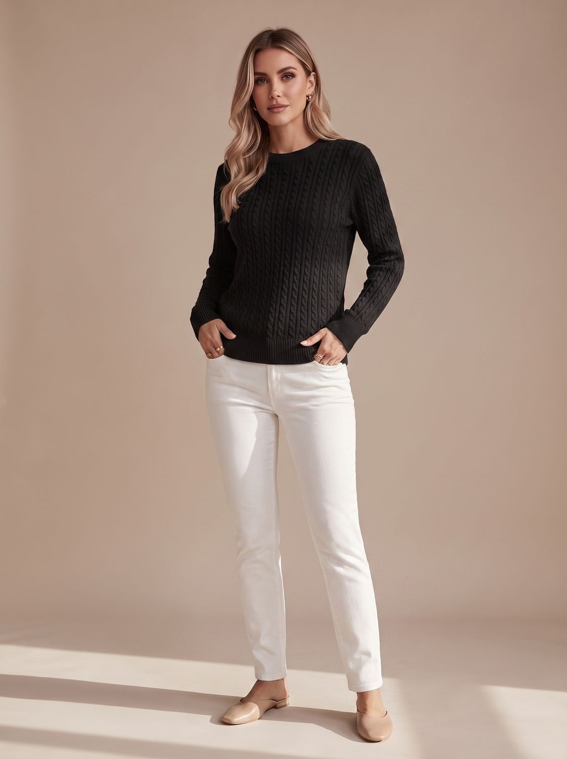 Women's Hip-Length Cable-Knit Crew Neck Jumper Relaxed Fit – Black