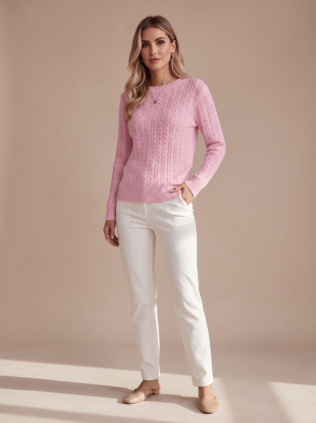 Women's Hip-Length Cable-Knit Crew Neck Jumper Relaxed Fit
